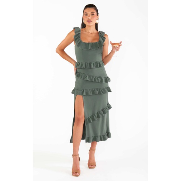 Show Me Your Mumu Sage Green Tiered Ruffle Maxi Dress Wedding Guest Slit Large - Picture 1 of 8